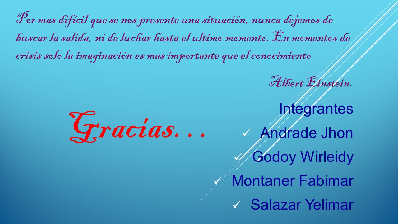 Por mas difícil que se nos presente una situación, nunca dejemos de buscar la salida, ni de luchar hasta el ultimo momento. En momentos de crisis solo la imaginación es mas importante que el conocimiento