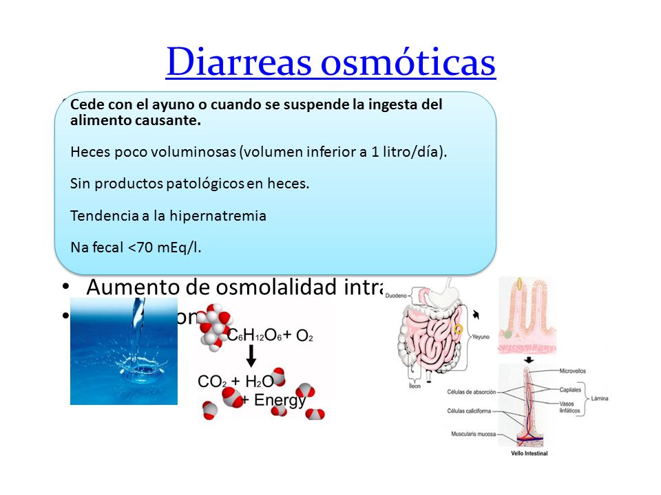 Diarreas osmóticas Cede con el ayuno o cuando se suspende la ingesta del alimento causante. Heces poco voluminosas (volumen inferior a 1 litro/día).