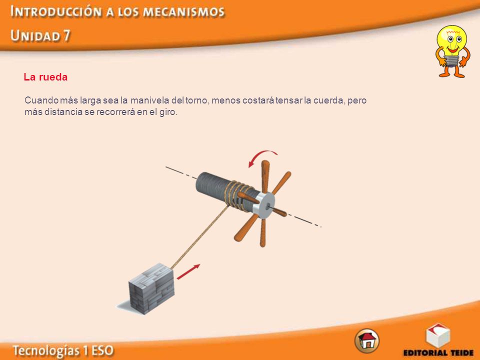 La rueda Cuando más larga sea la manivela del torno, menos costará tensar la cuerda, pero más distancia se recorrerá en el giro.