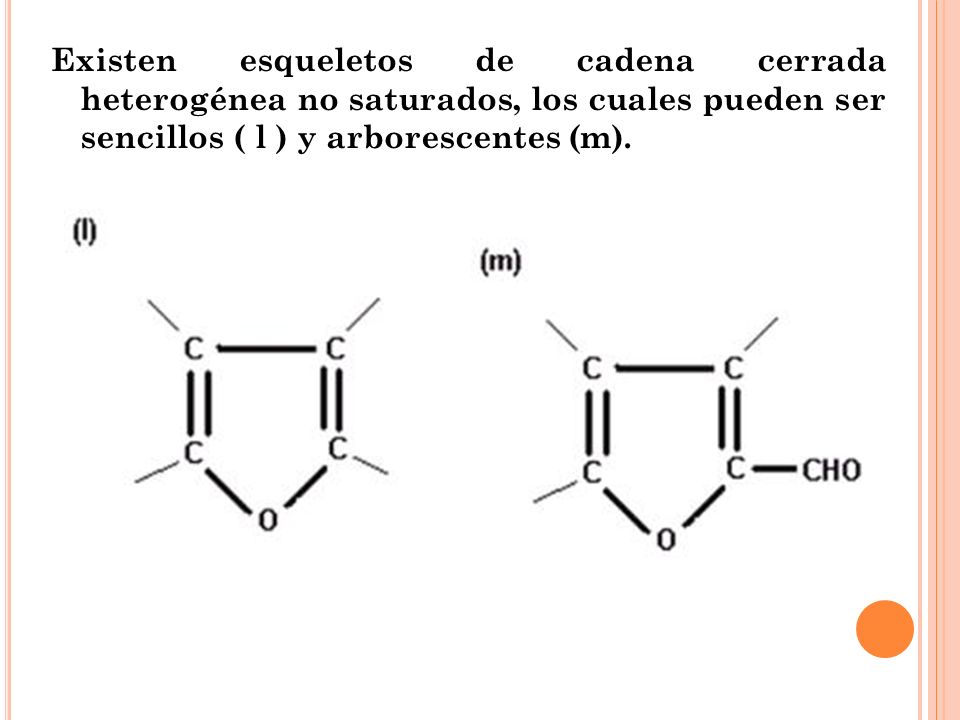 Existen esqueletos de cadena cerrada heterogénea no saturados, los cuales pueden ser sencillos ( l ) y arborescentes (m).