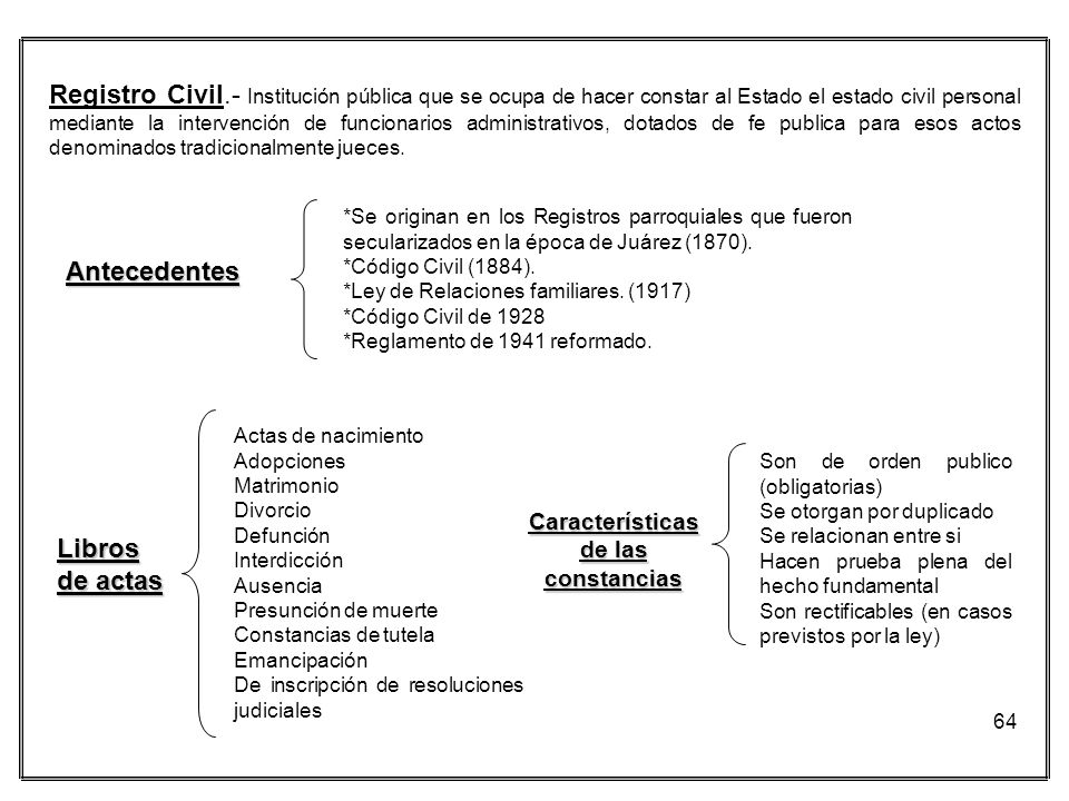 Registro Civil.- Institución pública que se ocupa de hacer constar al Estado el estado civil personal mediante la intervención de funcionarios administrativos, dotados de fe publica para esos actos denominados tradicionalmente jueces.