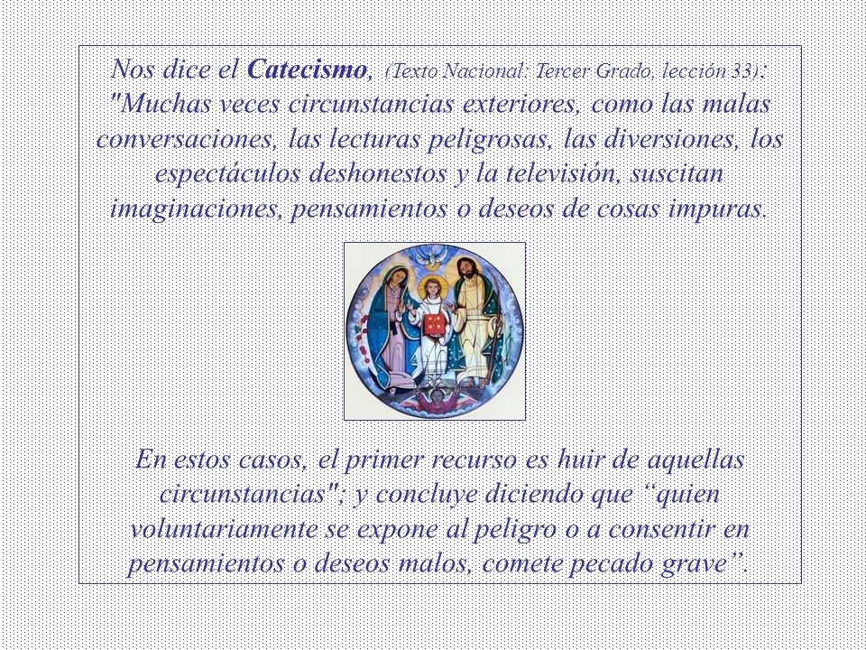 Nos dice el Catecismo, (Texto Nacional: Tercer Grado, lección 33): Muchas veces circunstancias exteriores, como las malas conversaciones, las lecturas peligrosas, las diversiones, los espectáculos deshonestos y la televisión, suscitan imaginaciones, pensamientos o deseos de cosas impuras.