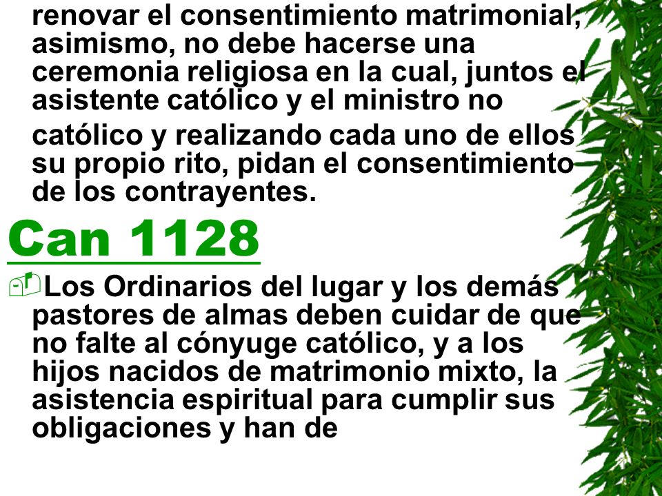 renovar el consentimiento matrimonial; asimismo, no debe hacerse una ceremonia religiosa en la cual, juntos el asistente católico y el ministro no