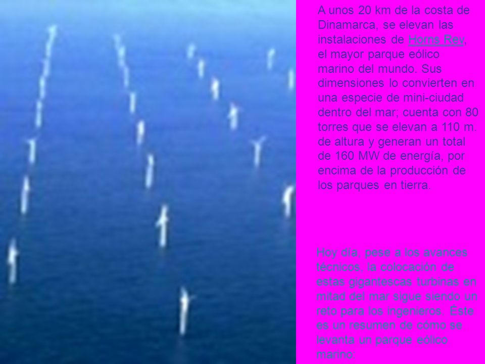 A unos 20 km de la costa de Dinamarca, se elevan las instalaciones de Horns Rev, el mayor parque eólico marino del mundo. Sus dimensiones lo convierten en una especie de mini-ciudad dentro del mar; cuenta con 80 torres que se elevan a 110 m. de altura y generan un total de 160 MW de energía, por encima de la producción de los parques en tierra.