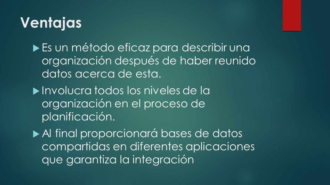 Ventajas Es un método eficaz para describir una organización después de haber reunido datos acerca de esta.