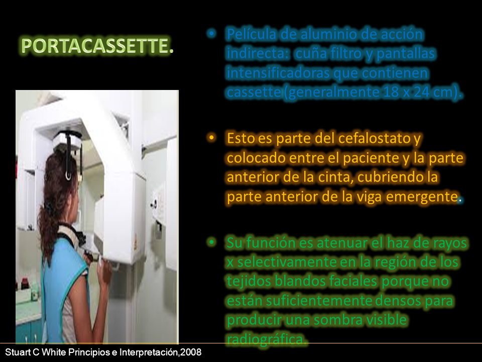 Película de aluminio de acción indirecta: cuña filtro y pantallas intensificadoras que contienen cassette (generalmente 18 x 24 cm).