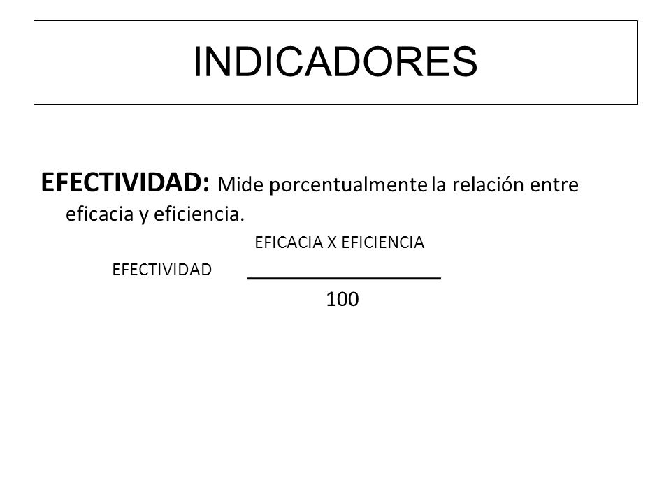 INDICADORES EFECTIVIDAD: Mide porcentualmente la relación entre eficacia y eficiencia. EFICACIA X EFICIENCIA.