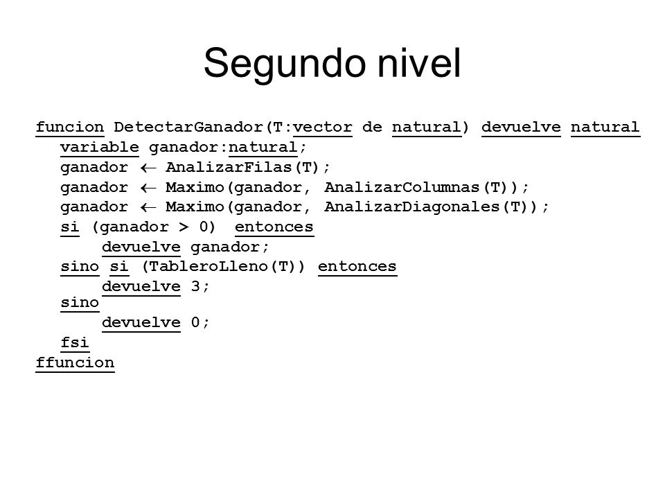 Segundo nivel funcion DetectarGanador(T:vector de natural) devuelve natural. variable ganador:natural;