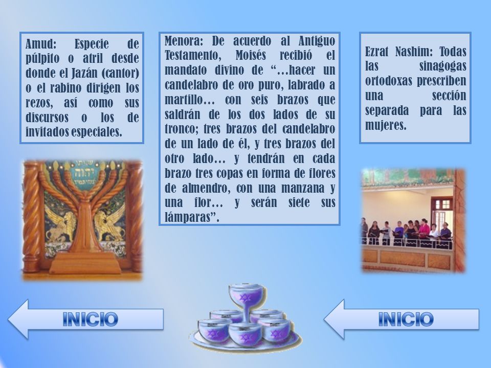 Amud: Especie de púlpito o atril desde donde el Jazán (cantor) o el rabino dirigen los rezos, así como sus discursos o los de invitados especiales.