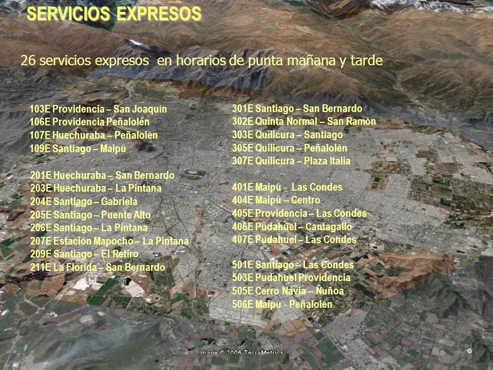 SERVICIOS EXPRESOS 26 servicios expresos en horarios de punta mañana y tarde. 103E Providencia – San Joaquín.