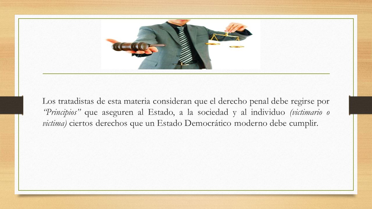 Los tratadistas de esta materia consideran que el derecho penal debe regirse por Principios que aseguren al Estado, a la sociedad y al individuo (victimario o victima) ciertos derechos que un Estado Democrático moderno debe cumplir.