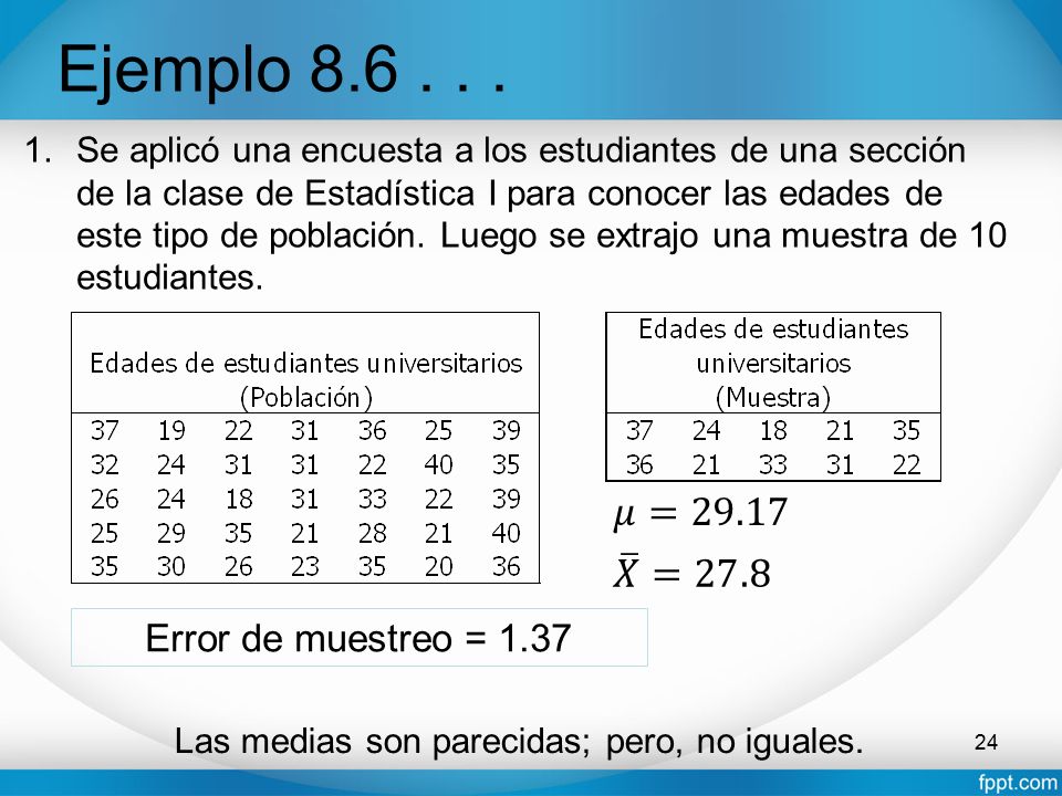 Ejemplo 𝜇=29.17 𝑋 =27.8 Error de muestreo = 1.37