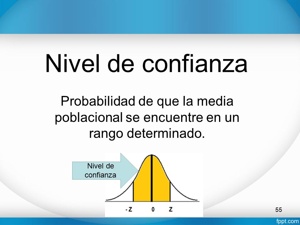 Nivel de confianza Probabilidad de que la media poblacional se encuentre en un rango determinado.