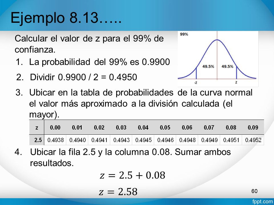 Ejemplo 8.13….. Calcular el valor de z para el 99% de confianza. La probabilidad del 99% es