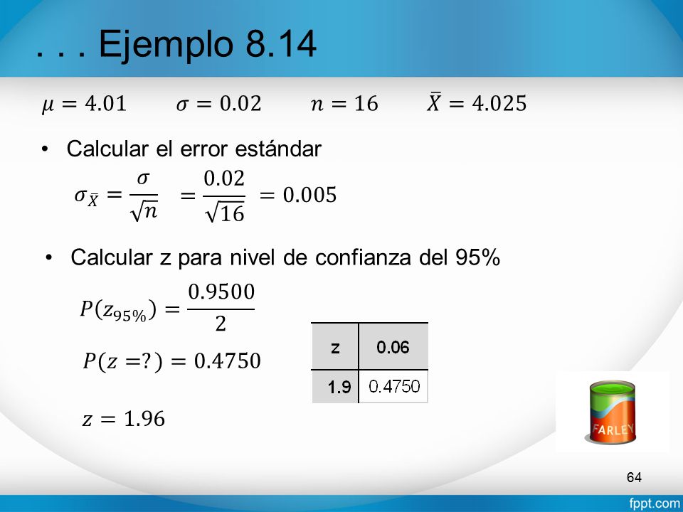 . . . Ejemplo 8.14 𝜇=4.01. 𝜎=0.02. 𝑛=16. 𝑋 = Calcular el error estándar. 𝜎 𝑋 = 𝜎 𝑛. =