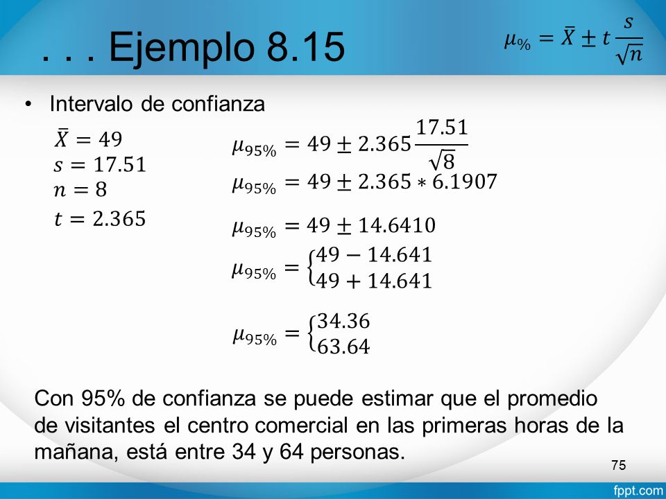 . . . Ejemplo 8.15 𝜇 % = 𝑋 ±𝑡 𝑠 𝑛 Intervalo de confianza