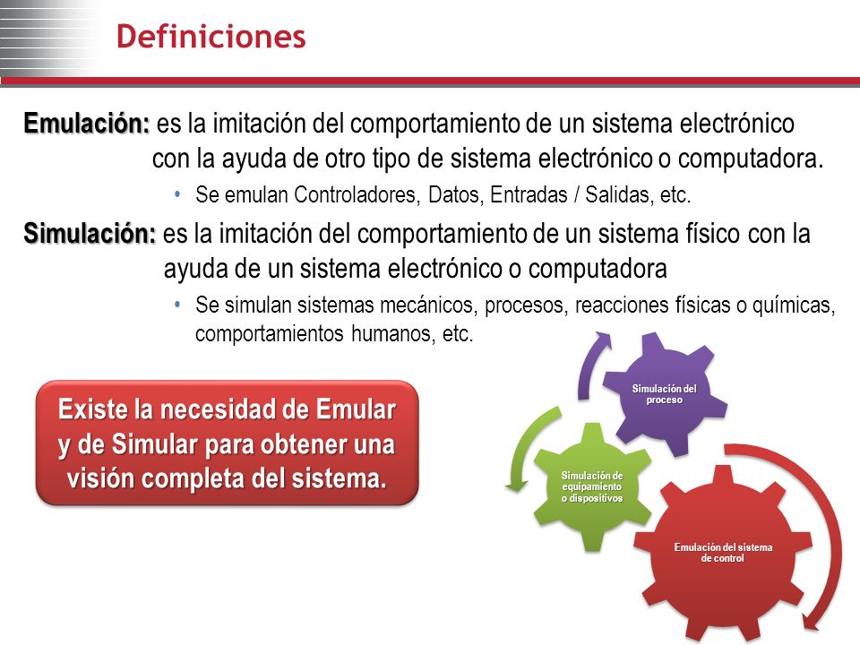 Definiciones Emulación: es la imitación del comportamiento de un sistema electrónico con la ayuda de otro tipo de sistema electrónico o computadora.