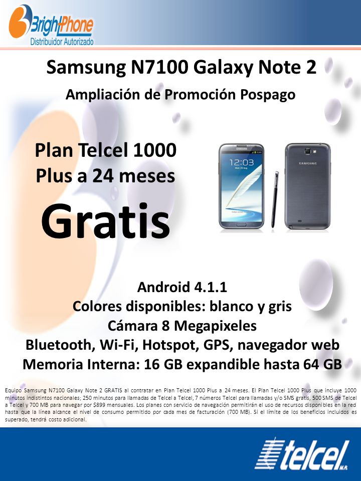 Gratis Samsung N7100 Galaxy Note 2 Plan Telcel 1000 Plus a 24 meses