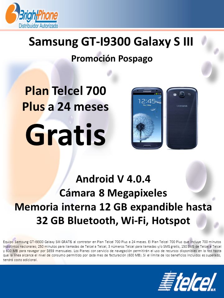 Gratis Samsung GT-I9300 Galaxy S III Plan Telcel 700 Plus a 24 meses
