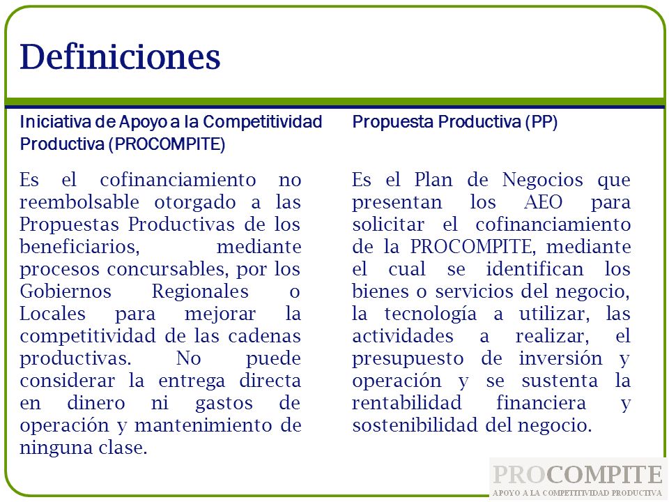 Definiciones Iniciativa de Apoyo a la Competitividad Productiva (PROCOMPITE) Propuesta Productiva (PP)