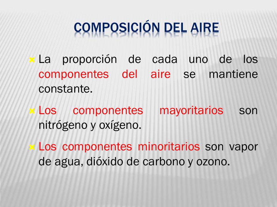 05 Composición del aire. La proporción de cada uno de los componentes del aire se mantiene constante.