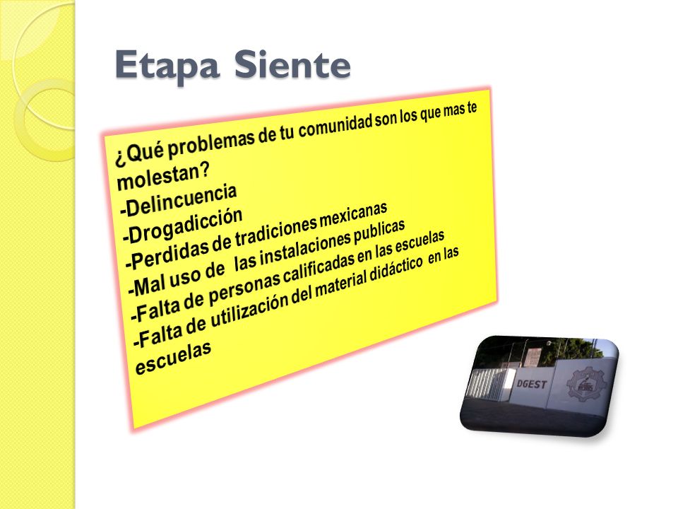 Etapa Siente ¿Qué problemas de tu comunidad son los que mas te molestan -Delincuencia. -Drogadicción.