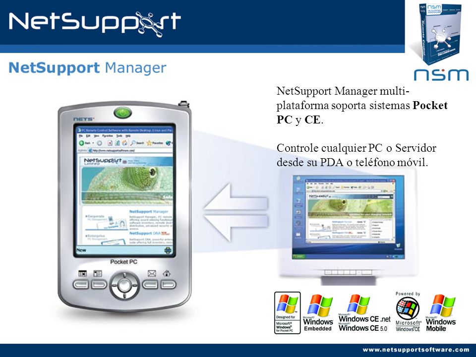 NetSupport Manager multi-plataforma soporta sistemas Pocket PC y CE.