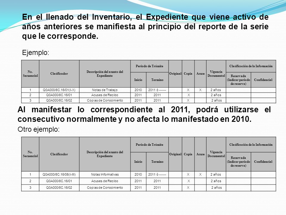 En el llenado del Inventario, el Expediente que viene activo de años anteriores se manifiesta al principio del reporte de la serie que le corresponde.