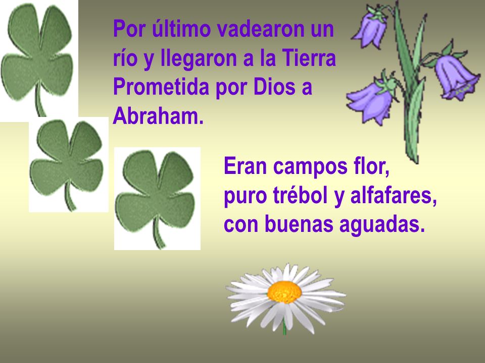 Por último vadearon un río y llegaron a la Tierra. Prometida por Dios a. Abraham. Eran campos flor,