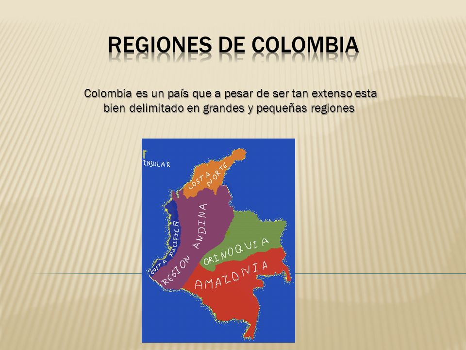 REGIONES DE COLOMBIA Colombia es un país que a pesar de ser tan extenso esta bien delimitado en grandes y pequeñas regiones.
