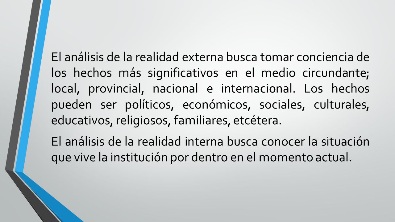 El análisis de la realidad externa busca tomar conciencia de los hechos más significativos en el medio circundante; local, provincial, nacional e internacional.
