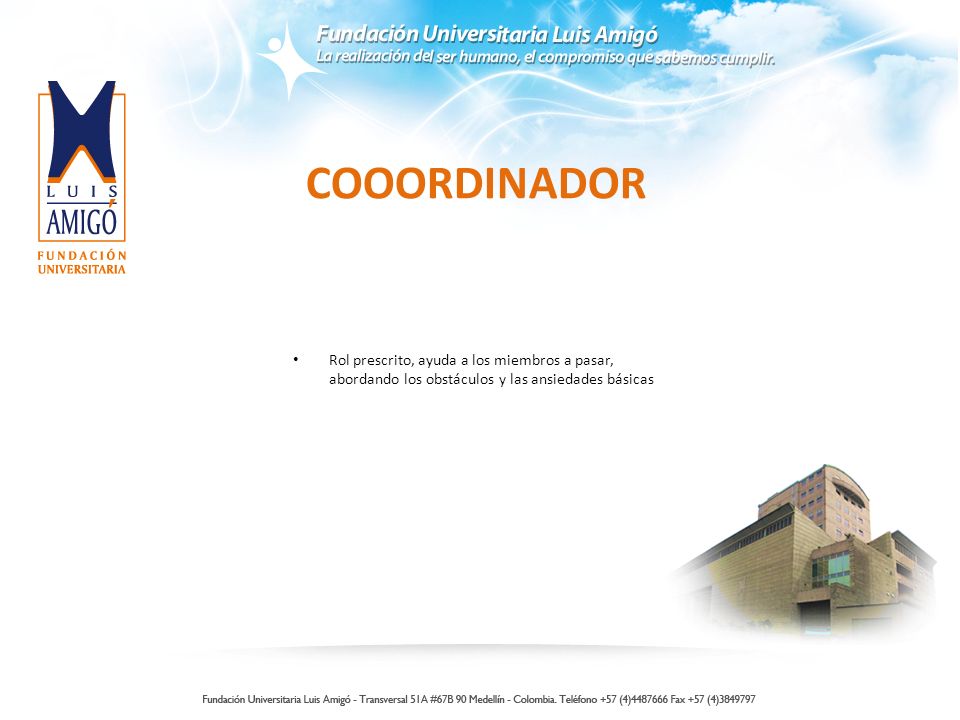 COOORDINADOR Rol prescrito, ayuda a los miembros a pasar, abordando los obstáculos y las ansiedades básicas.