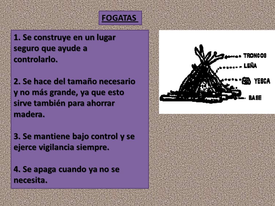 FOGATAS 1. Se construye en un lugar. seguro que ayude a. controlarlo. 2. Se hace del tamaño necesario.
