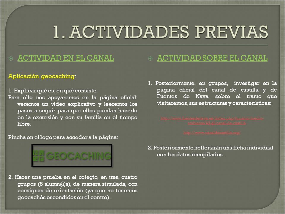 1. ACTIVIDADES PREVIAS ACTIVIDAD EN EL CANAL ACTIVIDAD SOBRE EL CANAL