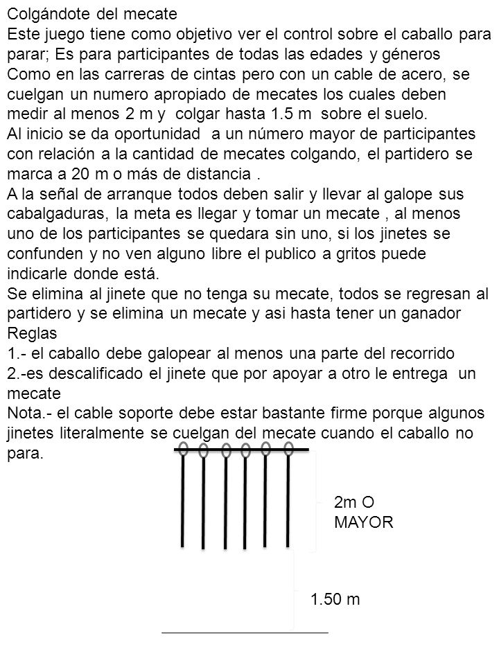 Colgándote del mecate Este juego tiene como objetivo ver el control sobre el caballo para parar; Es para participantes de todas las edades y géneros.