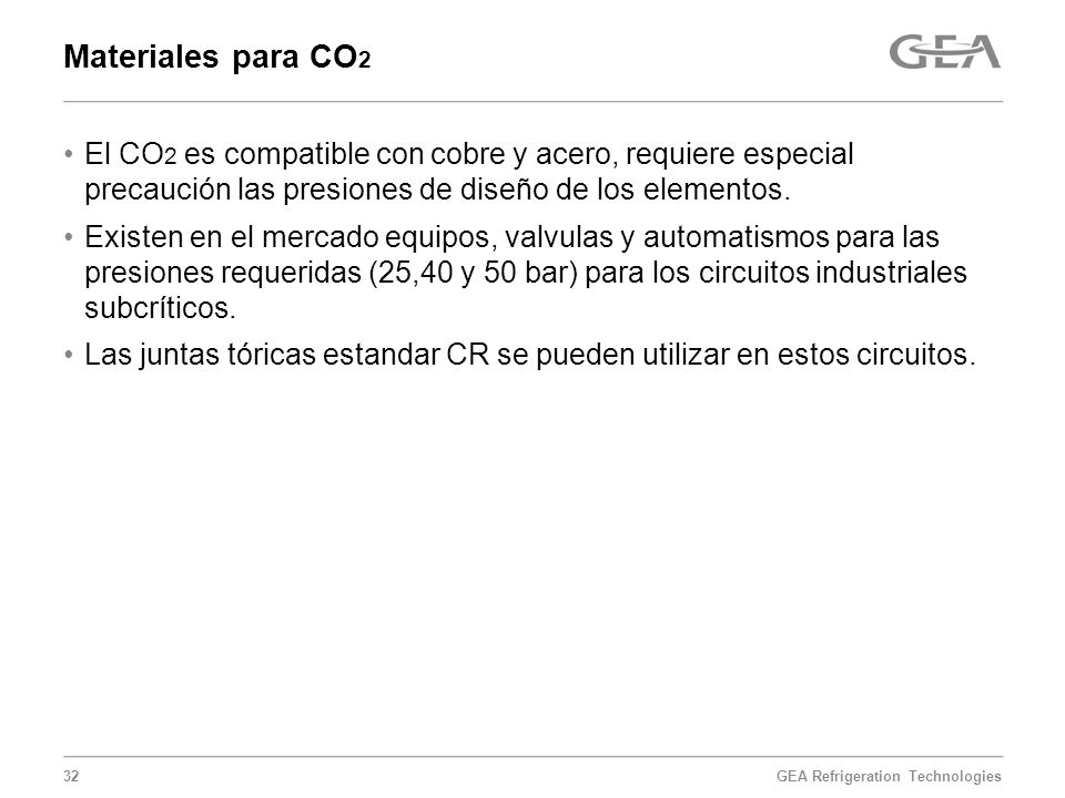 Materiales para CO2 El CO2 es compatible con cobre y acero, requiere especial precaución las presiones de diseño de los elementos.