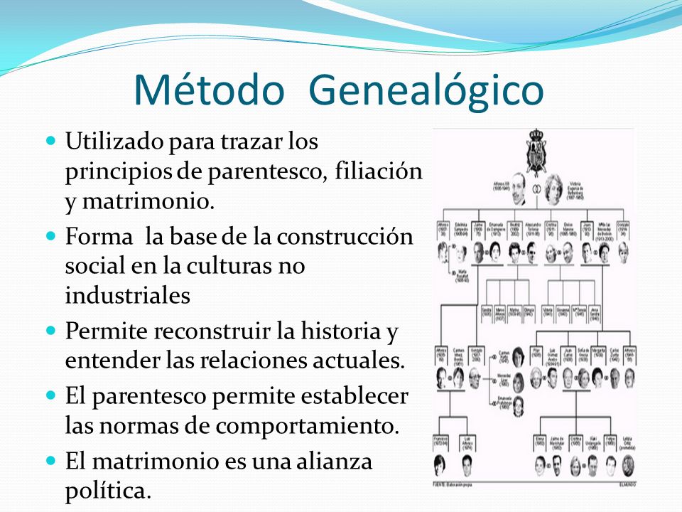 Método Genealógico Utilizado para trazar los principios de parentesco, filiación y matrimonio.