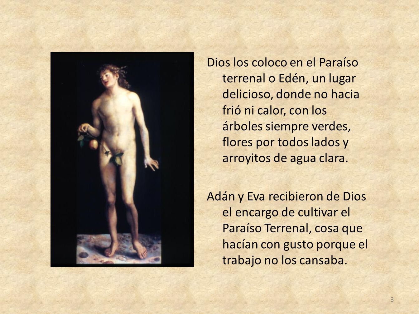 Dios los coloco en el Paraíso terrenal o Edén, un lugar delicioso, donde no hacia frió ni calor, con los árboles siempre verdes, flores por todos lados y arroyitos de agua clara.