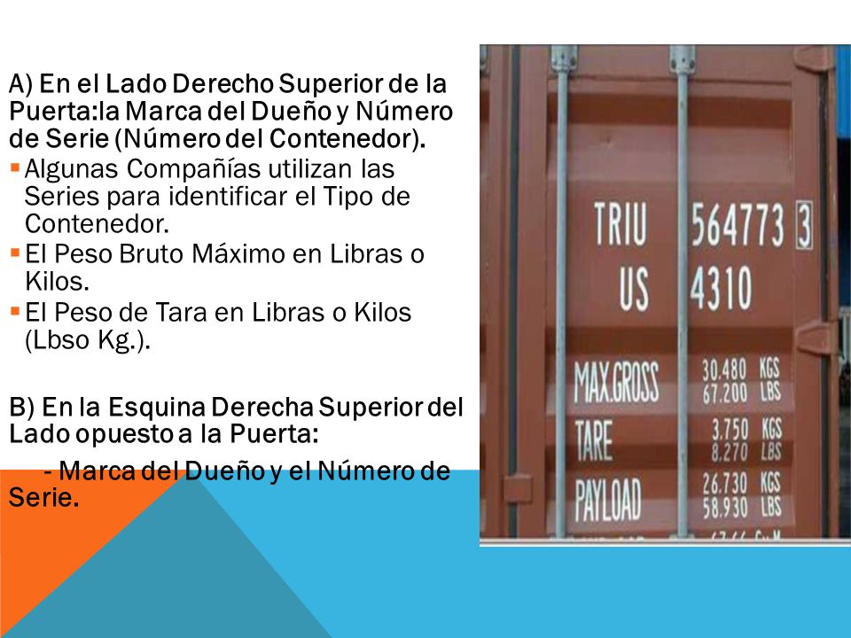 A) En el Lado Derecho Superior de la Puerta:la Marca del Dueño y Número de Serie (Número del Contenedor).
