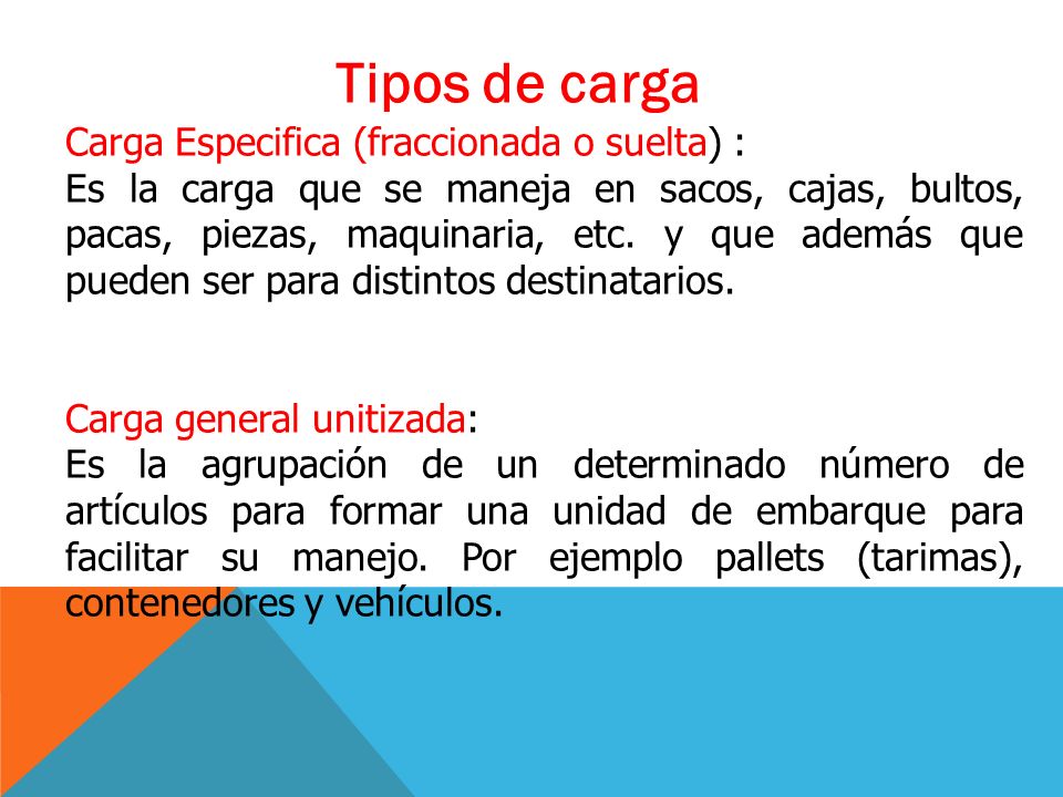 Tipos de carga Carga Especifica (fraccionada o suelta) :