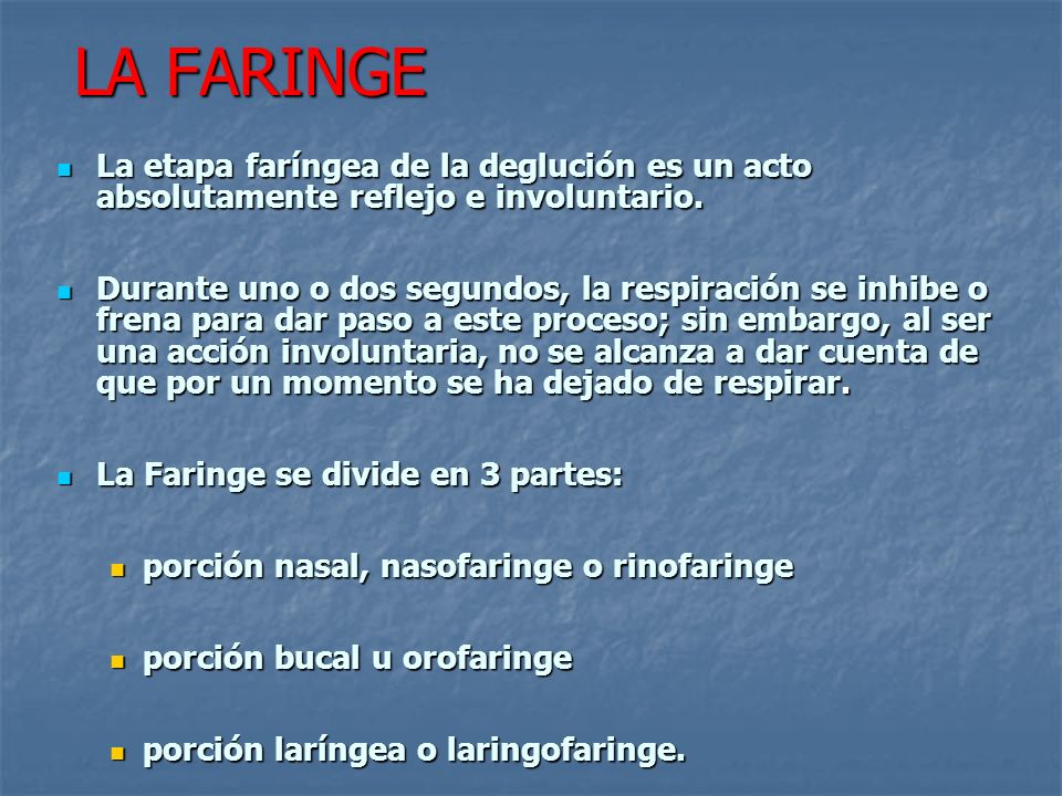 LA FARINGE La etapa faríngea de la deglución es un acto absolutamente reflejo e involuntario.