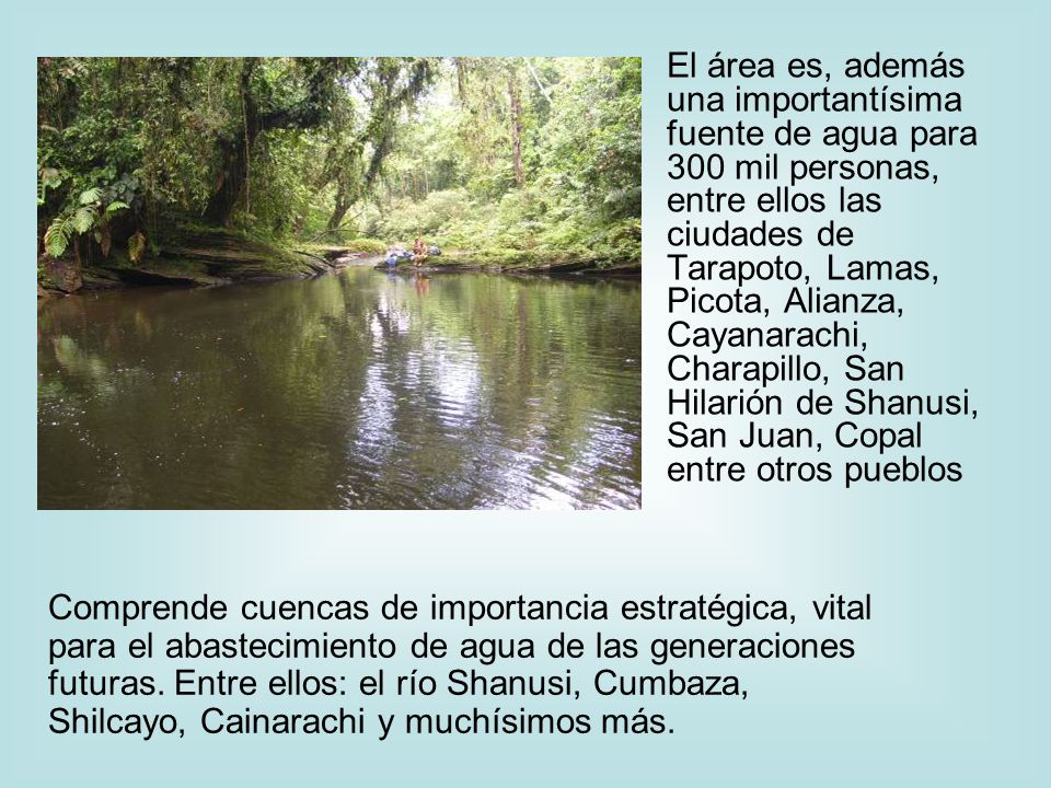 El área es, además una importantísima fuente de agua para 300 mil personas, entre ellos las ciudades de Tarapoto, Lamas, Picota, Alianza, Cayanarachi, Charapillo, San Hilarión de Shanusi, San Juan, Copal entre otros pueblos