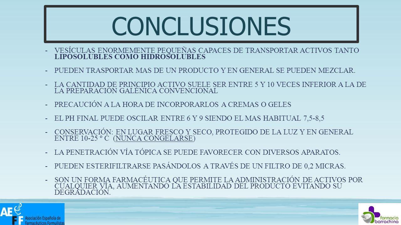 CONCLUSIONES Vesículas enormemente pequeñas capaces de transportar activos tanto liposolubles como hidrosolubles.