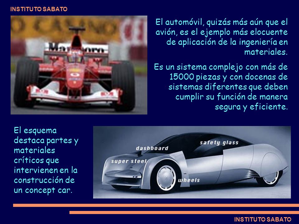El automóvil, quizás más aún que el avión, es el ejemplo más elocuente de aplicación de la ingeniería en materiales.