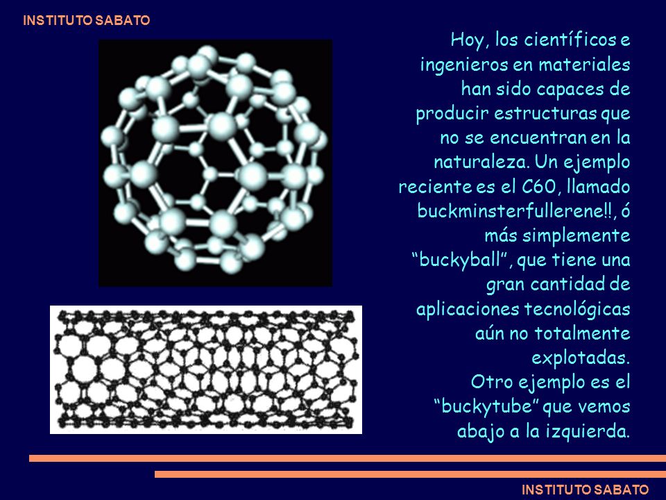 Hoy, los científicos e ingenieros en materiales han sido capaces de producir estructuras que no se encuentran en la naturaleza. Un ejemplo reciente es el C60, llamado buckminsterfullerene!!, ó más simplemente buckyball , que tiene una gran cantidad de aplicaciones tecnológicas aún no totalmente explotadas.