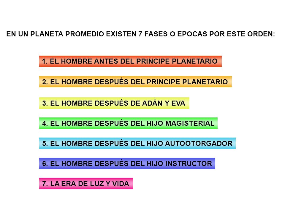 EN UN PLANETA PROMEDIO EXISTEN 7 FASES O EPOCAS POR ESTE ORDEN:
