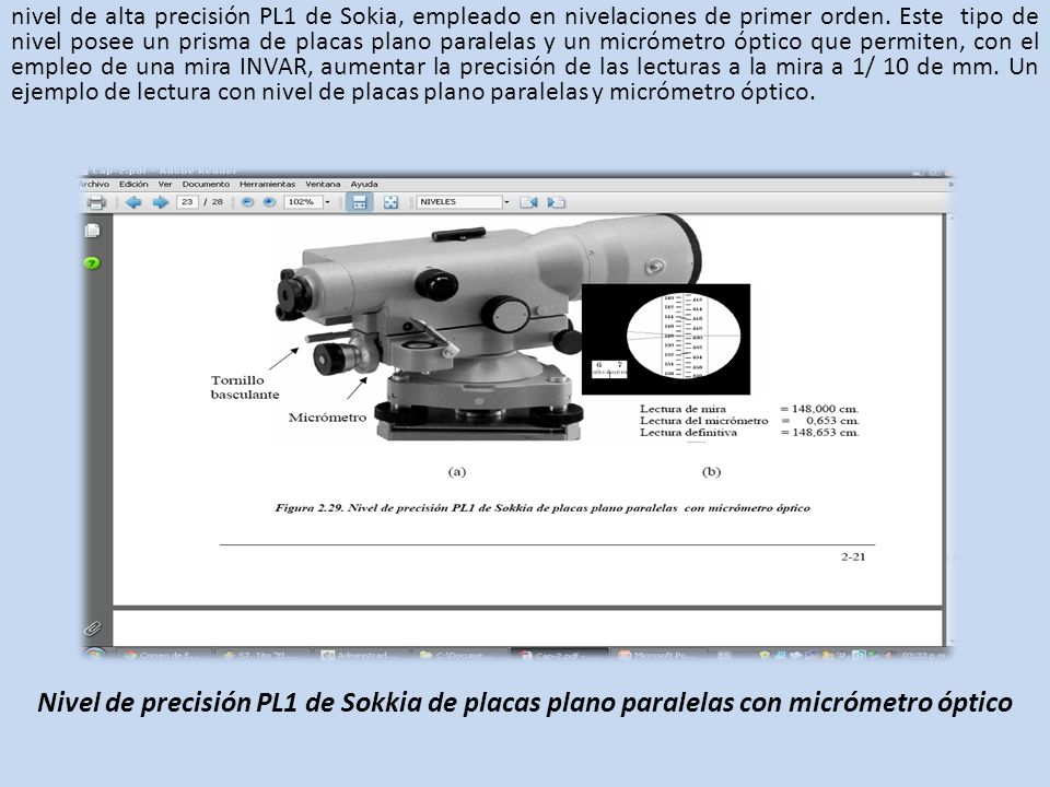 nivel de alta precisión PL1 de Sokia, empleado en nivelaciones de primer orden. Este tipo de nivel posee un prisma de placas plano paralelas y un micrómetro óptico que permiten, con el empleo de una mira INVAR, aumentar la precisión de las lecturas a la mira a 1/ 10 de mm. Un ejemplo de lectura con nivel de placas plano paralelas y micrómetro óptico.