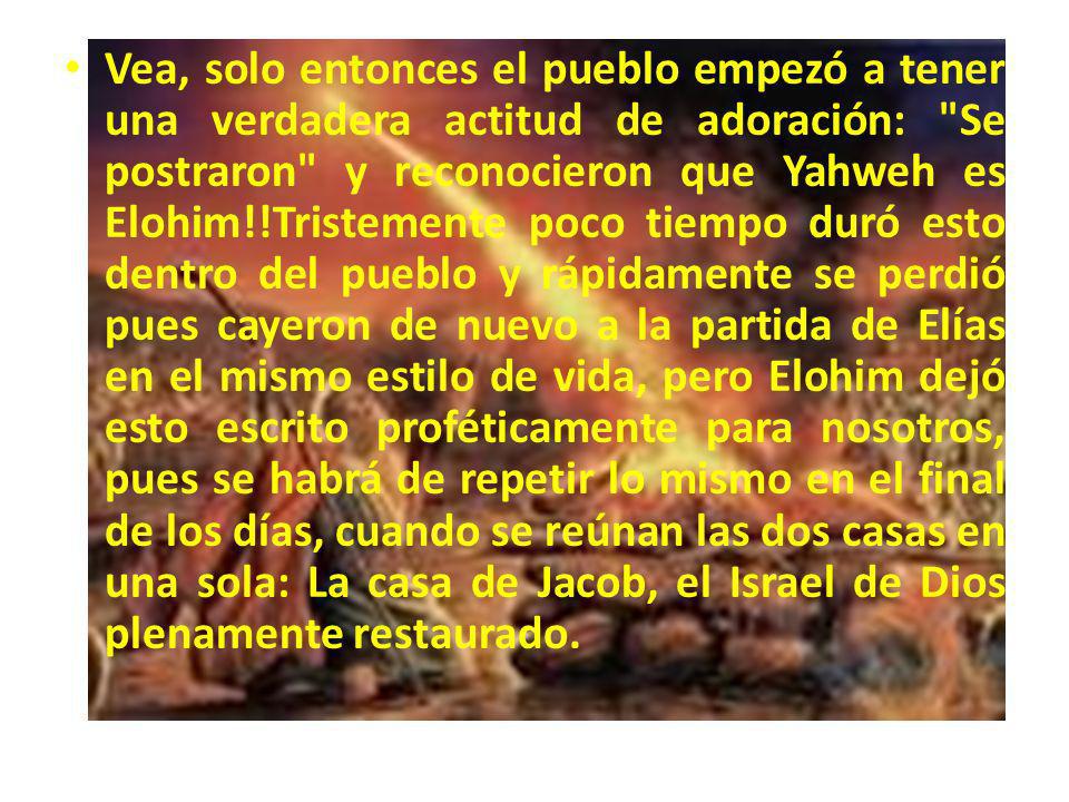Vea, solo entonces el pueblo empezó a tener una verdadera actitud de adoración: Se postraron y reconocieron que Yahweh es Elohim!!Tristemente poco tiempo duró esto dentro del pueblo y rápidamente se perdió pues cayeron de nuevo a la partida de Elías en el mismo estilo de vida, pero Elohim dejó esto escrito proféticamente para nosotros, pues se habrá de repetir lo mismo en el final de los días, cuando se reúnan las dos casas en una sola: La casa de Jacob, el Israel de Dios plenamente restaurado.