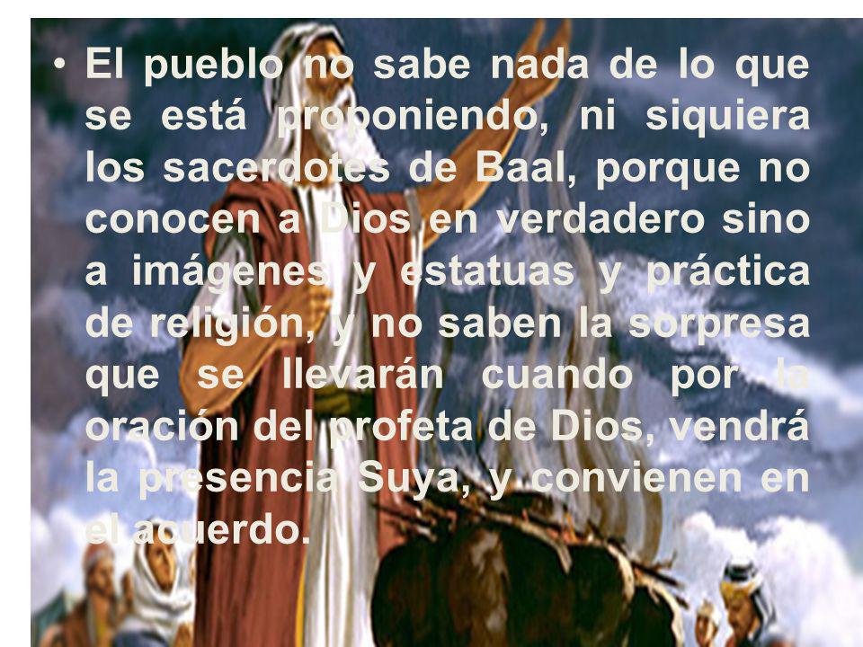 El pueblo no sabe nada de lo que se está proponiendo, ni siquiera los sacerdotes de Baal, porque no conocen a Dios en verdadero sino a imágenes y estatuas y práctica de religión, y no saben la sorpresa que se llevarán cuando por la oración del profeta de Dios, vendrá la presencia Suya, y convienen en el acuerdo.