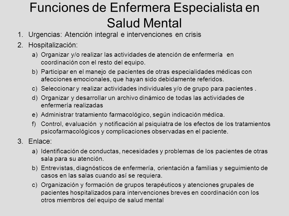 Funciones de Enfermera Especialista en Salud Mental